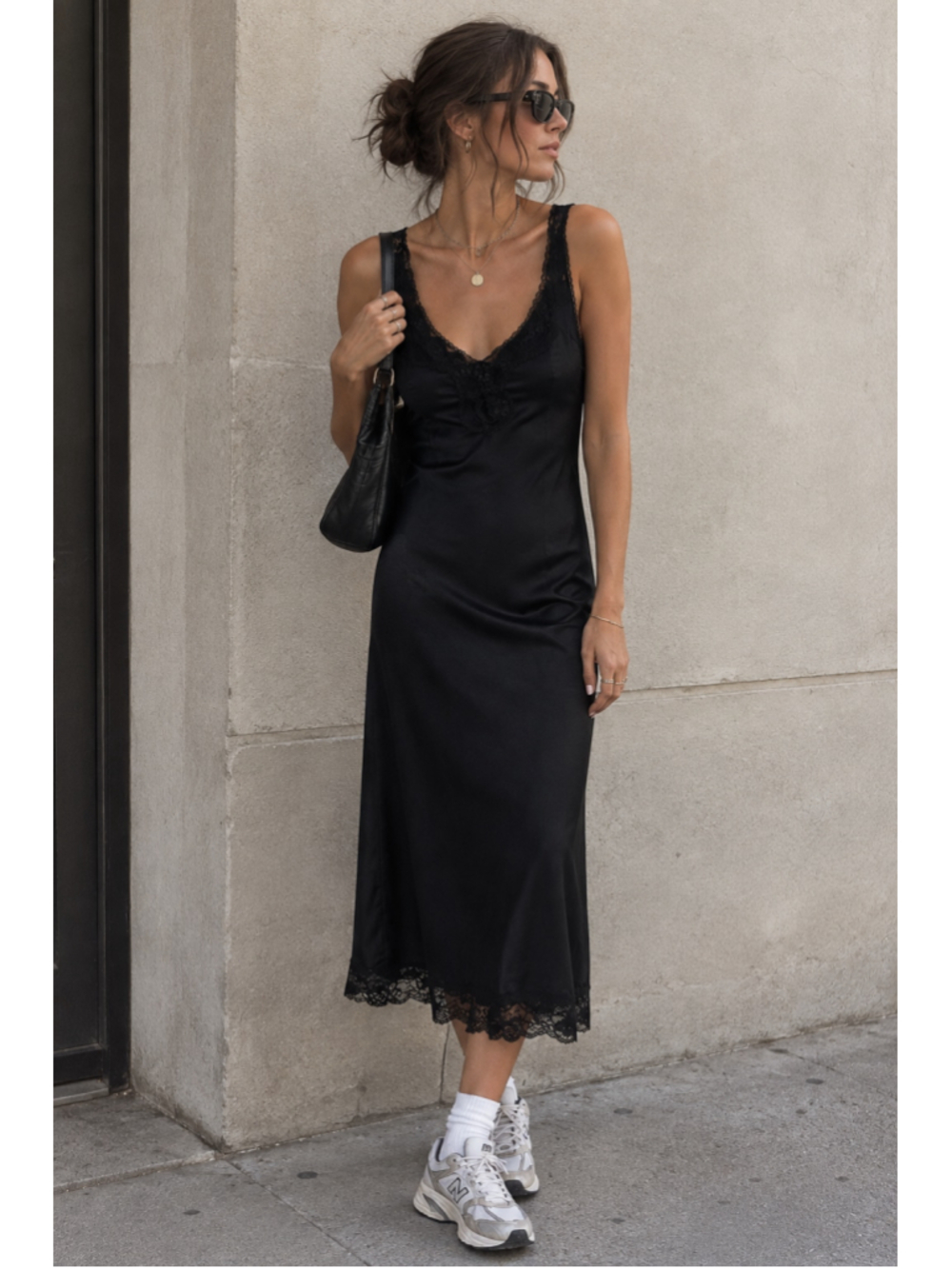 90s Grunge Satin Vintage Black Lace Trim Chemise Slip Dress Fitted Streetwear